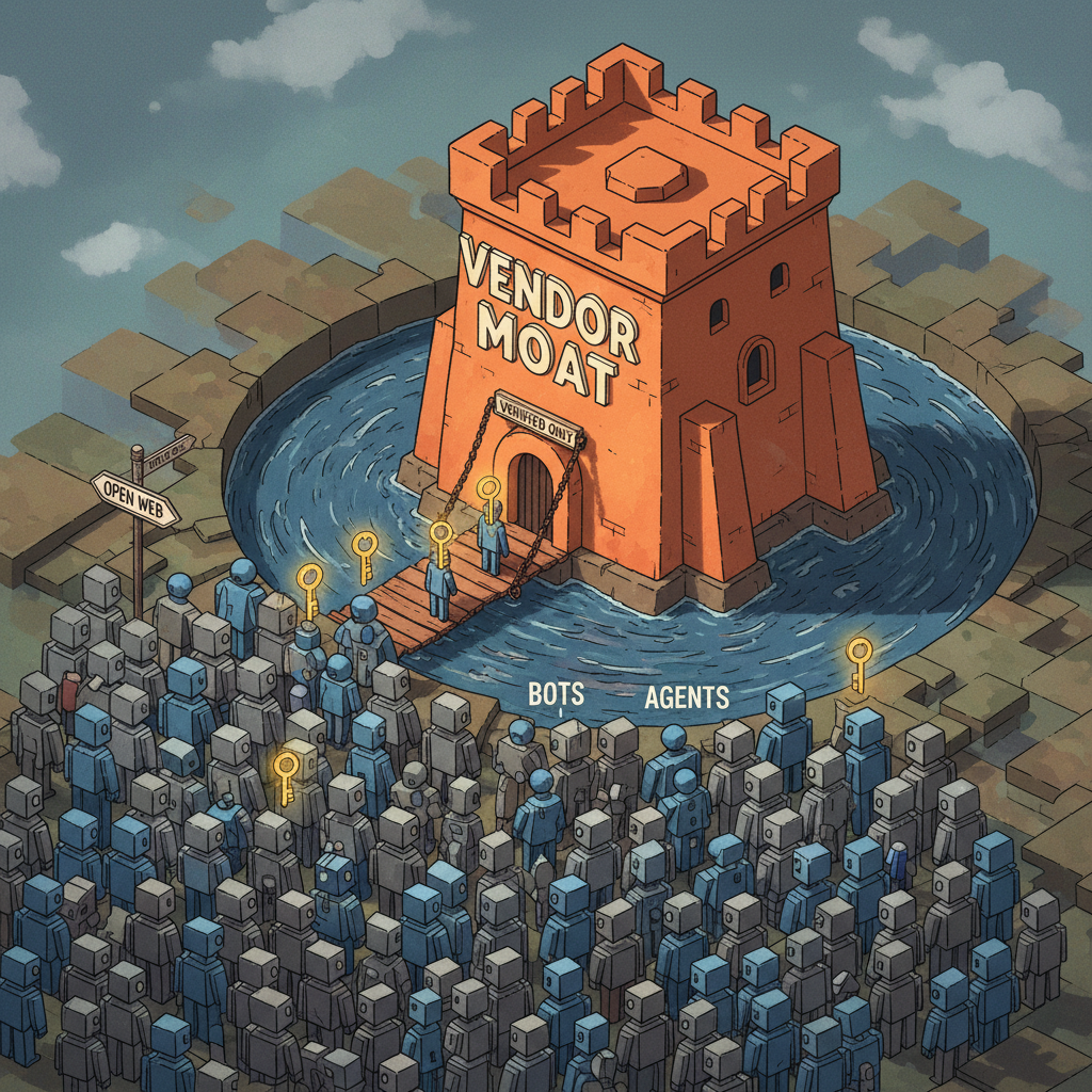 Editorial illustration: an orange fortress labeled .